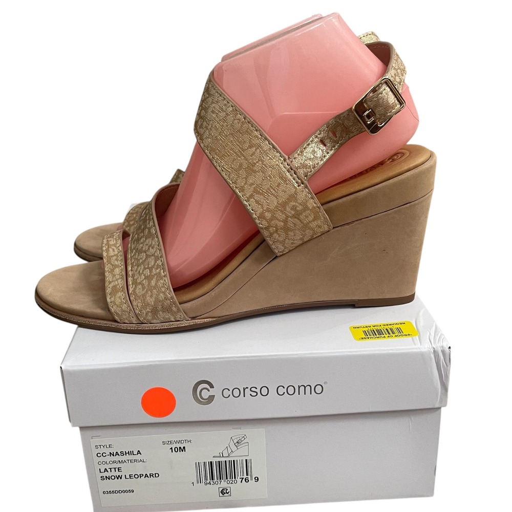Corso Como Snow Leopard latte Leather Ankle Strap‎ Wedge Sandals NEW 10M nashila